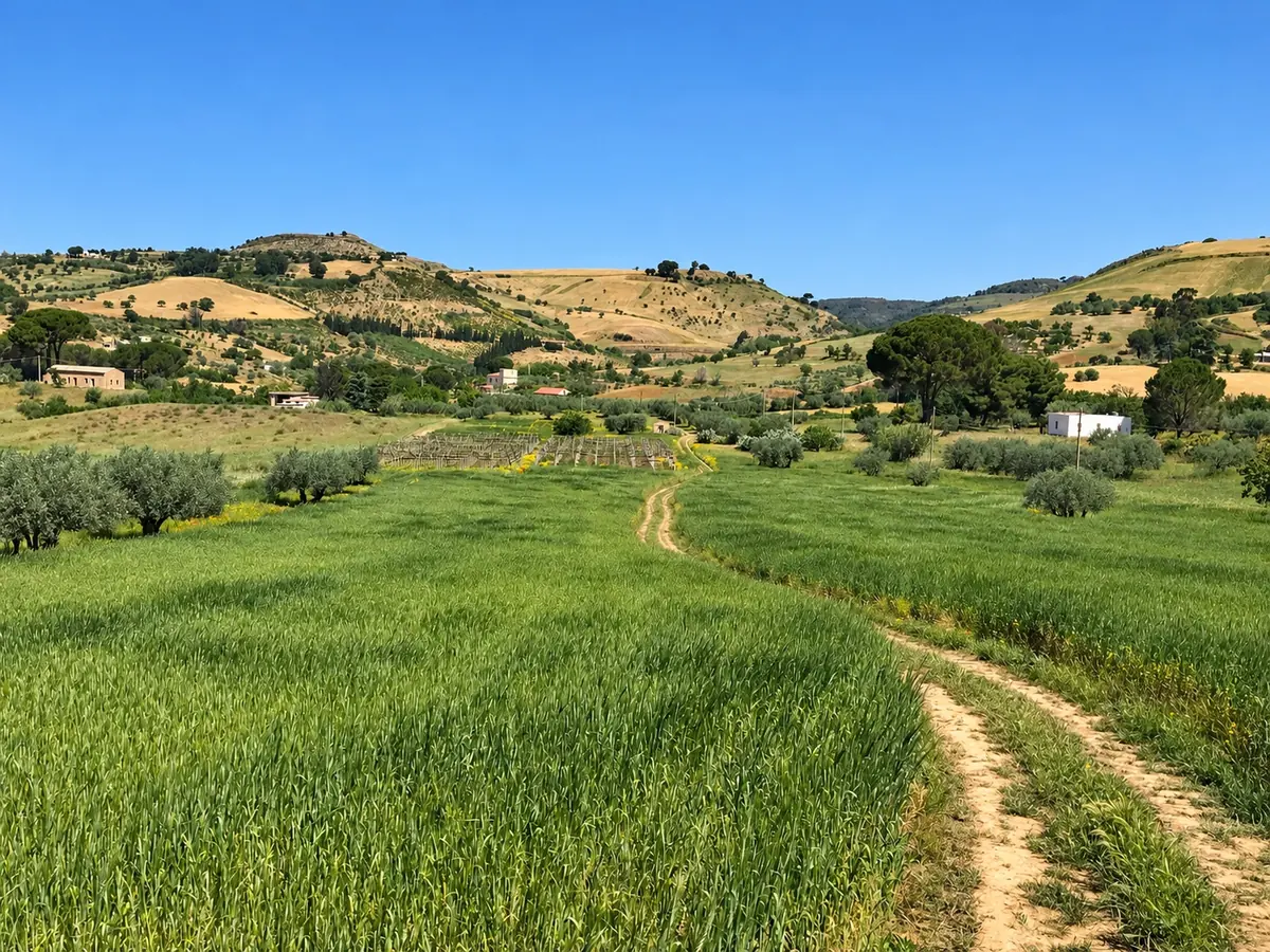 Il campo di grano verde col sentiero, fra le colline e gli uliveti