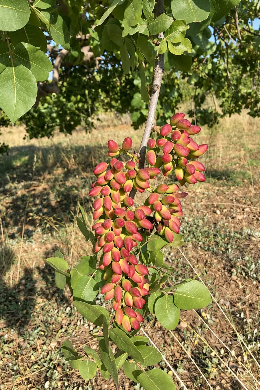 Un grappolo di pistacchi rossi sulla pianta